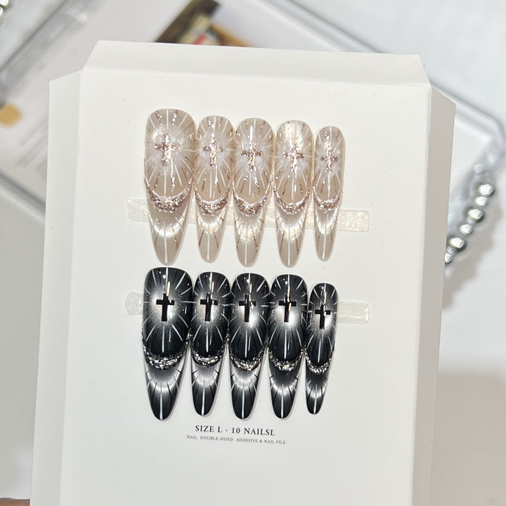 Chic Press-On Nail Set with Elegant Rhinestone Design Bowlift