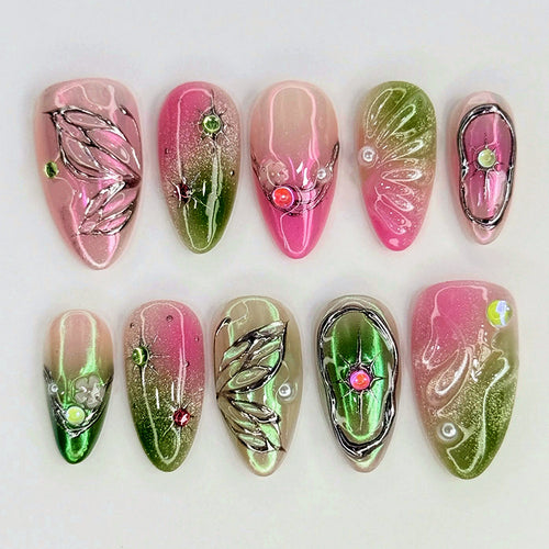 Decorative Press-On Nail Art Set with Botanical Designs Bowlift