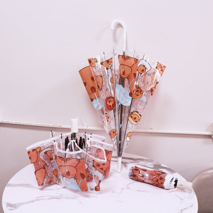 Women Folding Umbrella with Unique Cartoon Bear Design Bowlift