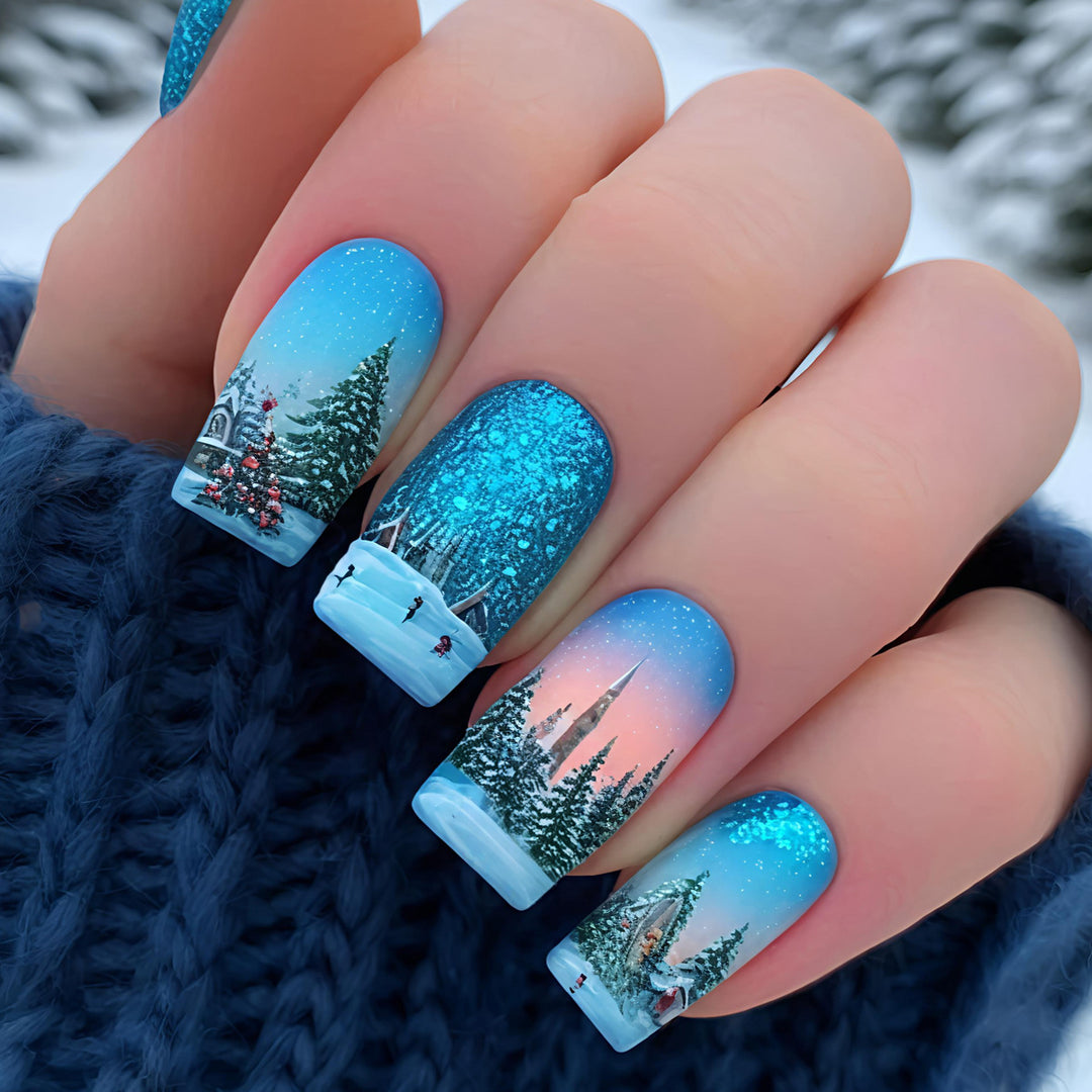 Artificial nails with festive winter landscape design Bowlift