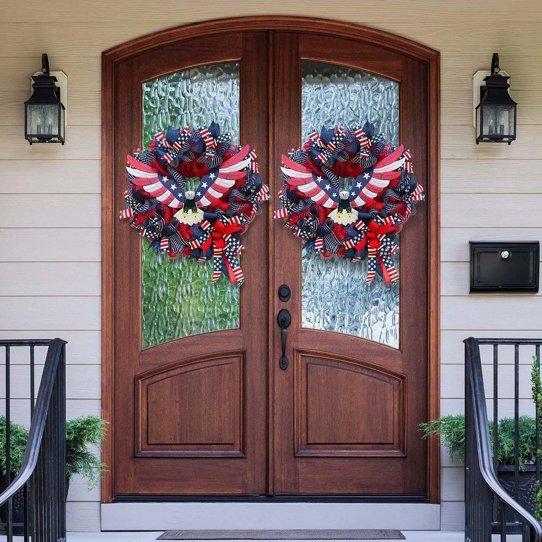 Unisex handmade decorative wreath made of polyester mesh with eagle centerpiece and Americana ribbons Bowlift