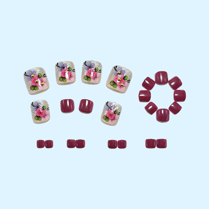 Artificial nails with floral motifs and glitter accents Bowlift