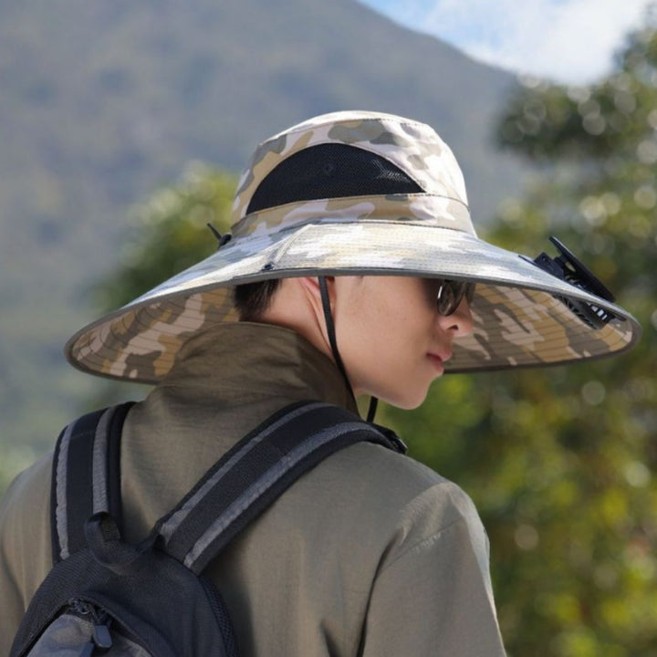 tactical fishing hat with wide brim, mesh ventilation and adjustable chin strap Bowlift