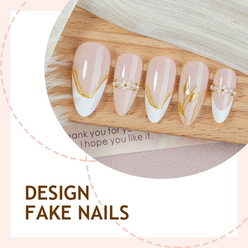 Artificial Nail Set with Gold Accents and Flower Designs Bowlift