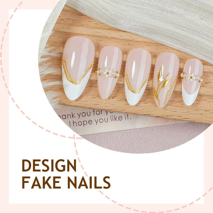 Artificial Nail Set with Gold Accents and Flower Designs Bowlift