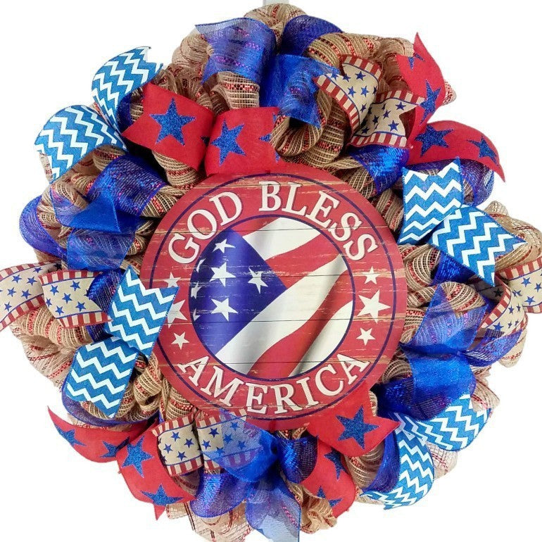 Unisex decorative country house door wreath with overlapping wooden stars and multiple ribbon bows Bowlift