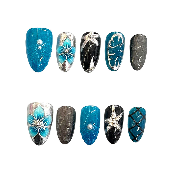 Artistic Press-On Nail Set with Floral Motifs Bowlift