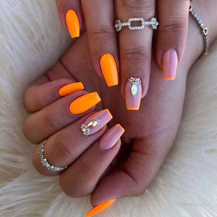 Acrylic nail set with trendy neon colors and rhinestone accents Bowlift
