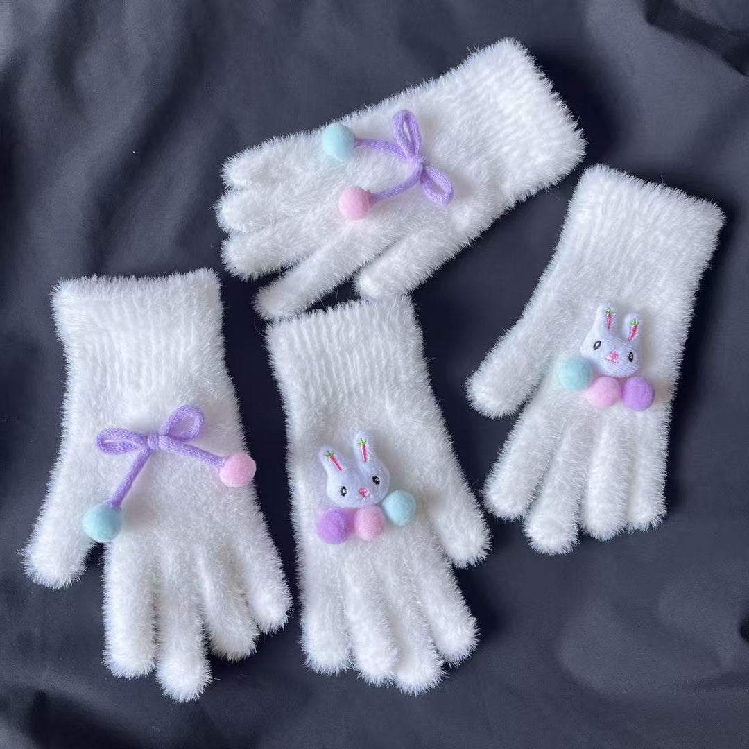 Cute Plush Rabbit-Themed Fingerless Gloves Bowlift
