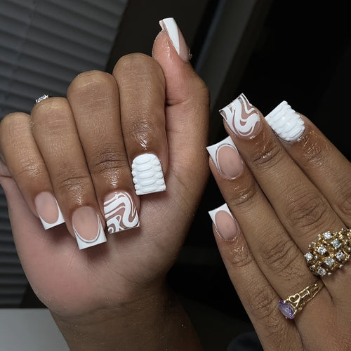 Artistic Press-On Nail Set with Marble and Textured Design Bowlift
