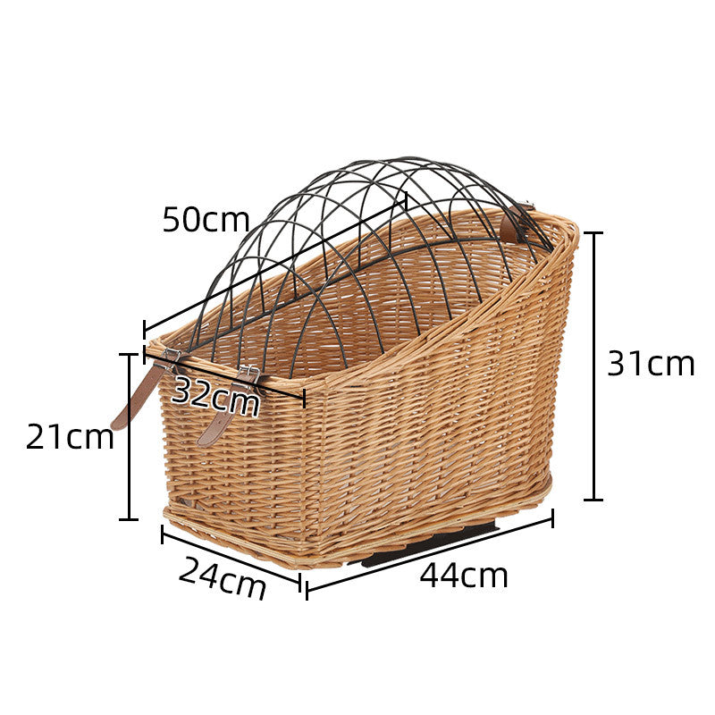 front-mount wicker bicycle pet carrier basket with foldable metal safety dome and adjustable leather buckle straps Bowlift