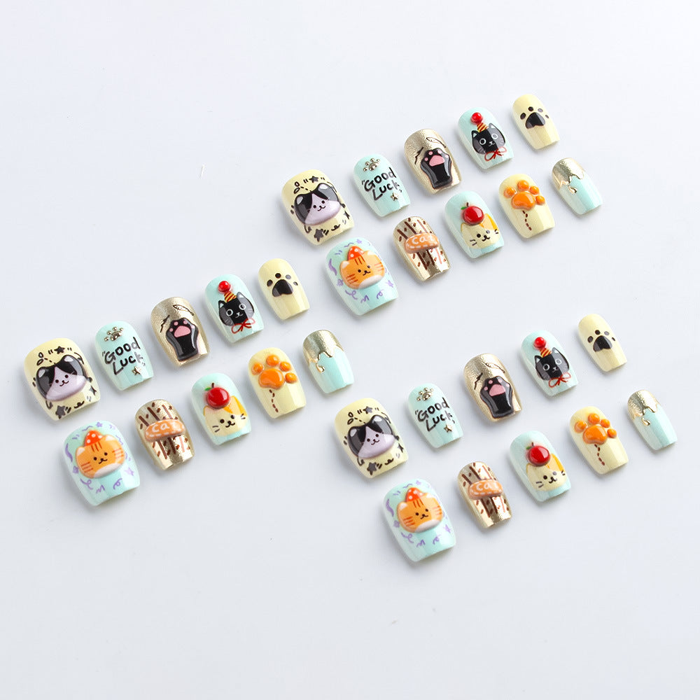 Whimsical Cat-Themed Press-On Nail Art Bowlift
