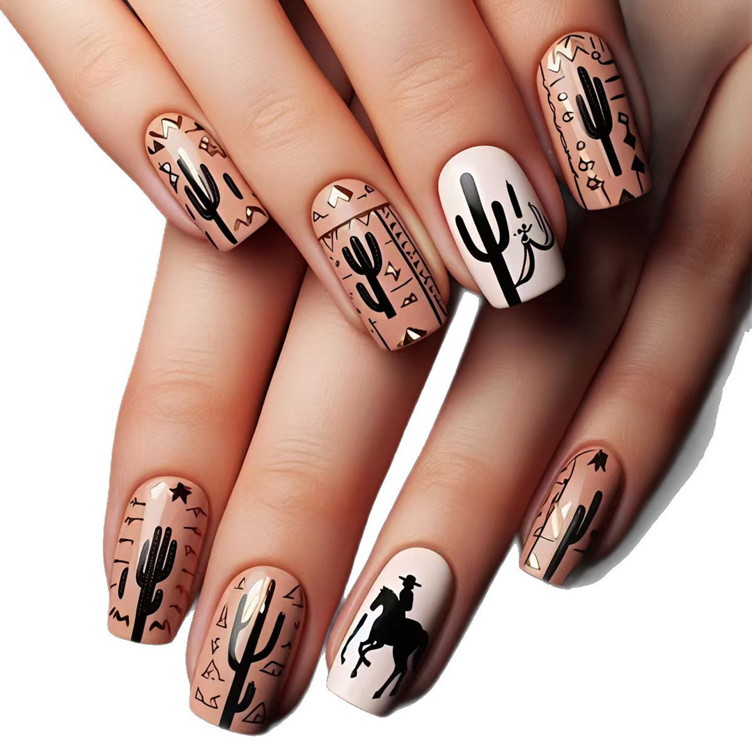 Artificial nail design with geometric desert motif Bowlift