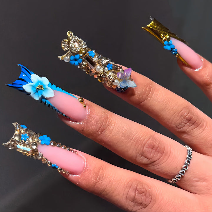 Artistic 3D Decorative Press-On Nails with Gemstone Accents Bowlift