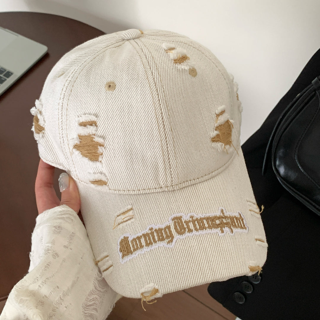 Distressed Denim Baseball Cap with Embroidered Detail