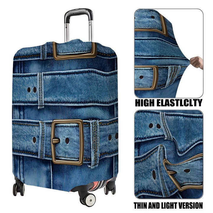 Unisex stylish suitcase cover with denim belt motif, elastic protective cover for rolling suitcase Bowlift