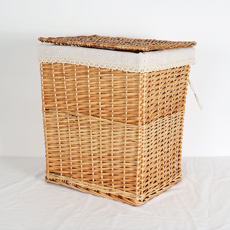 Ladies laundry basket with decorative fabric trim and practical lid Bowlift