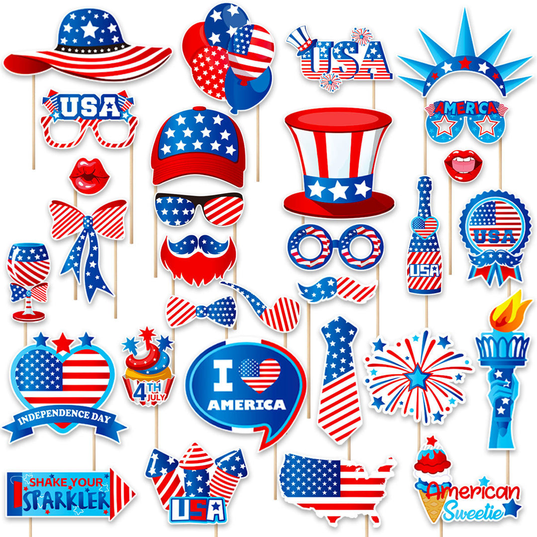 Independence Day Patriotic Photobooth Prop Sticker Kit with Wooden Sticks and Removable Adhesive Dots Bowlift