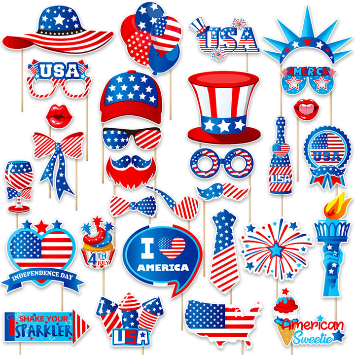 Unisex photo props set with self-adhesive USA-themed stickers, wooden sticks, and adhesive pads Bowlift