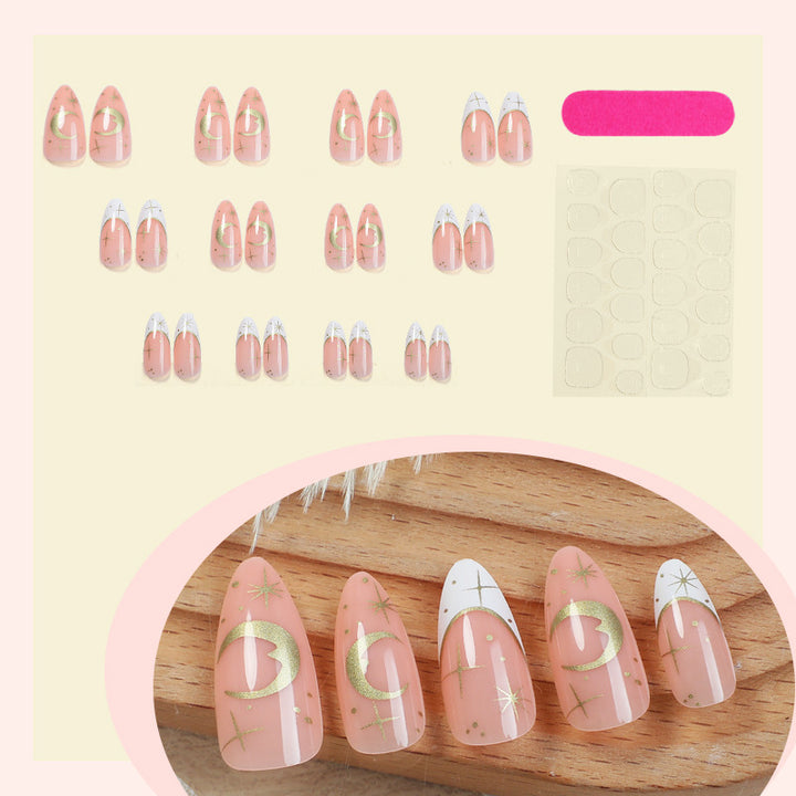 Artistic Press-On Nail Set with Geometric Moon and Star Designs Bowlift