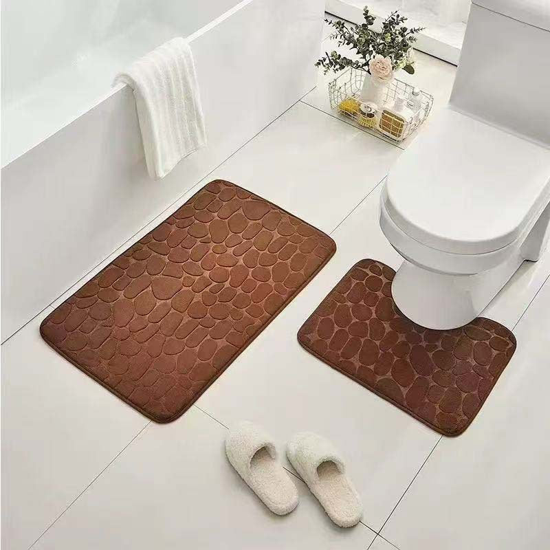 Pebble-Texture Memory Foam Bath Mat Set with U-Shaped Toilet Contour and Rectangular Non-Slip Rug Bowlift