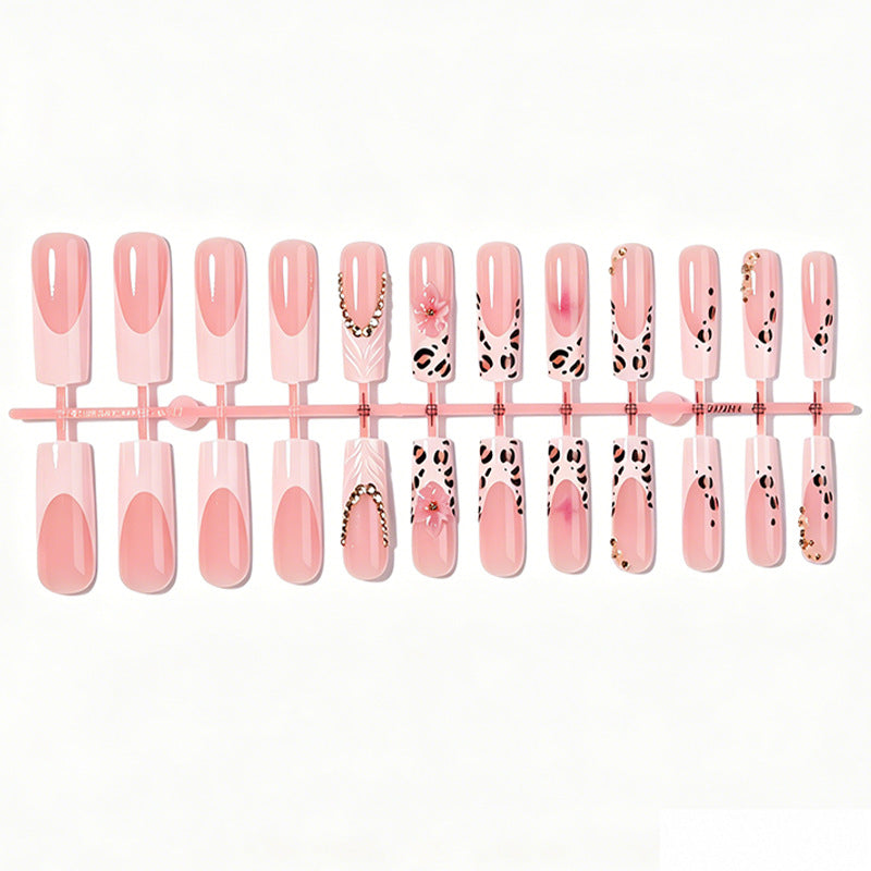 Decorative Press-On Nails Set with Artistic Leopard and Floral Accents Bowlift