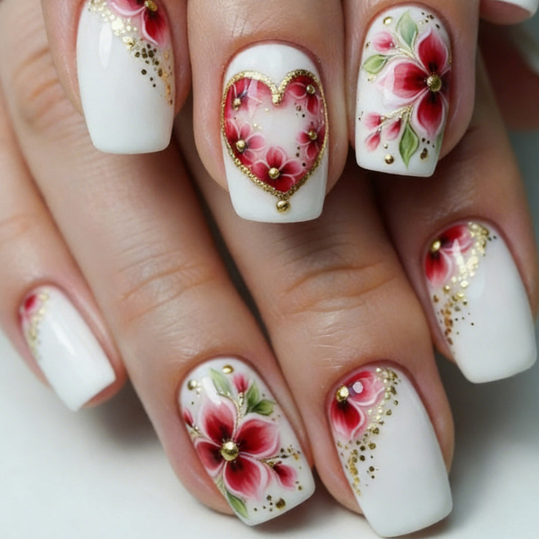 Artistic Floral Heart Acrylic Nail Art Bowlift