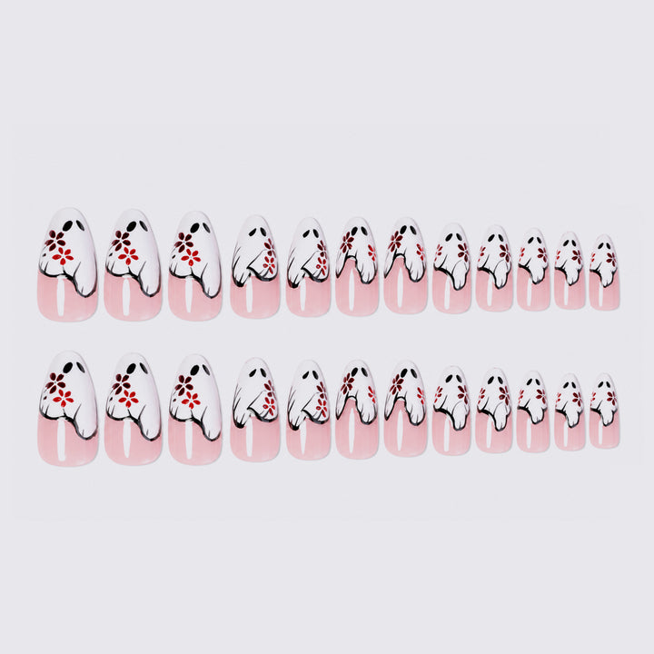 Artistic Press-On Nail Set with Floral and Ghost Design Bowlift