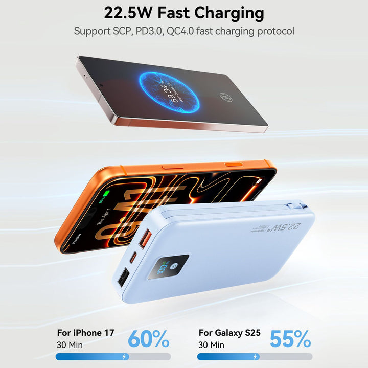 Power bank with digital LCD display and integrated charger Bowlift