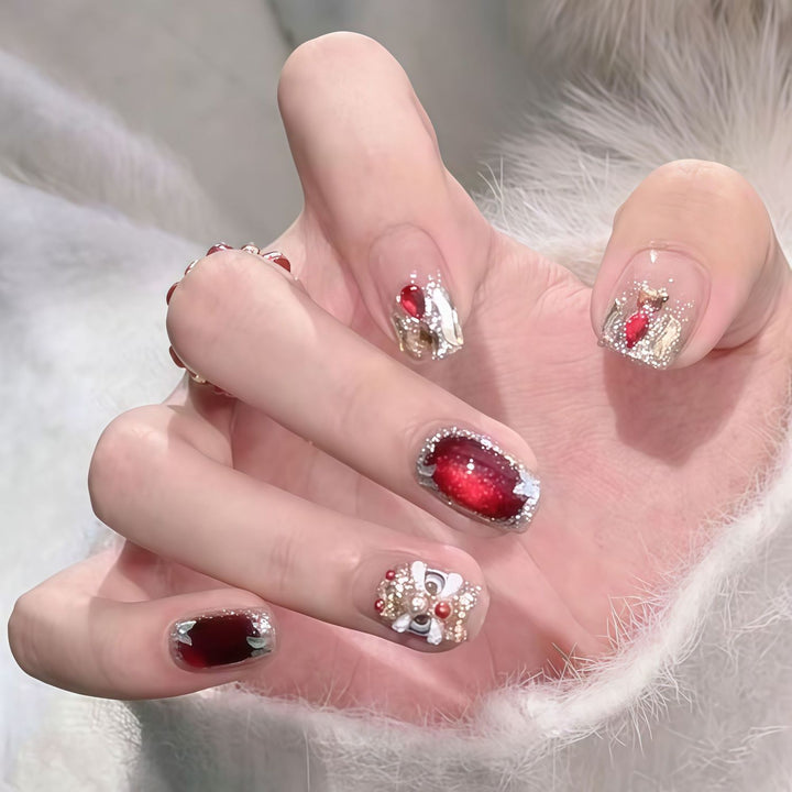 Elegant Gemstone Embellished Press-On Nail Set Bowlift