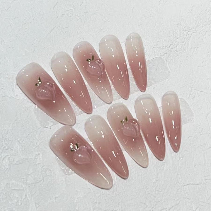 Elegant Press-On Almond Nail Set with Heart Detail Bowlift