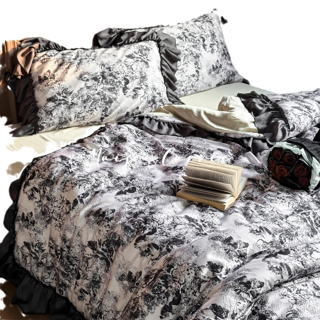 Satin-Blend Toile Print Ruffled Duvet Cover & Sham Ensemble