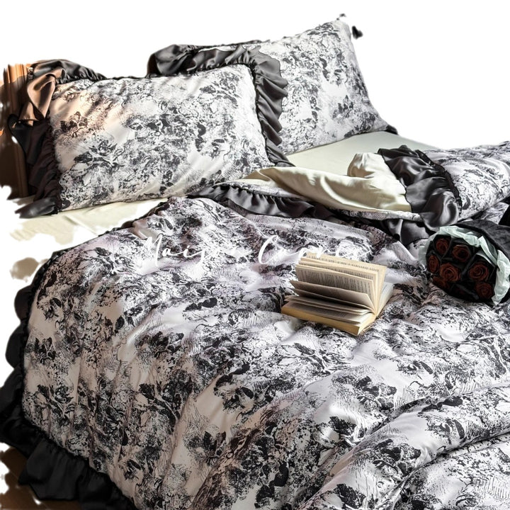 Satin-Blend Toile Print Ruffled Duvet Cover & Sham Ensemble
