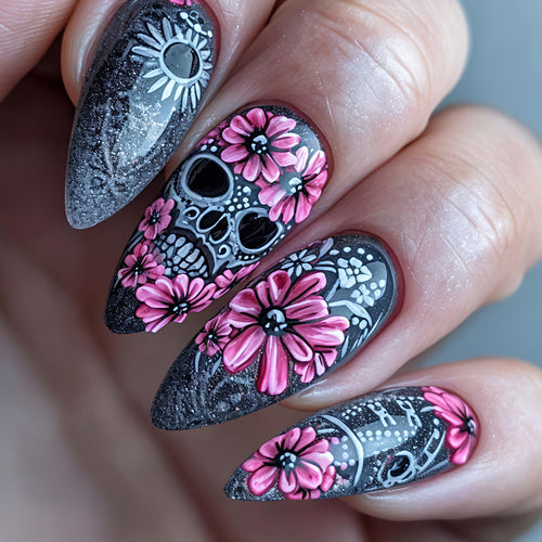 Artistic Sugar Skull Floral Nail Art Bowlift