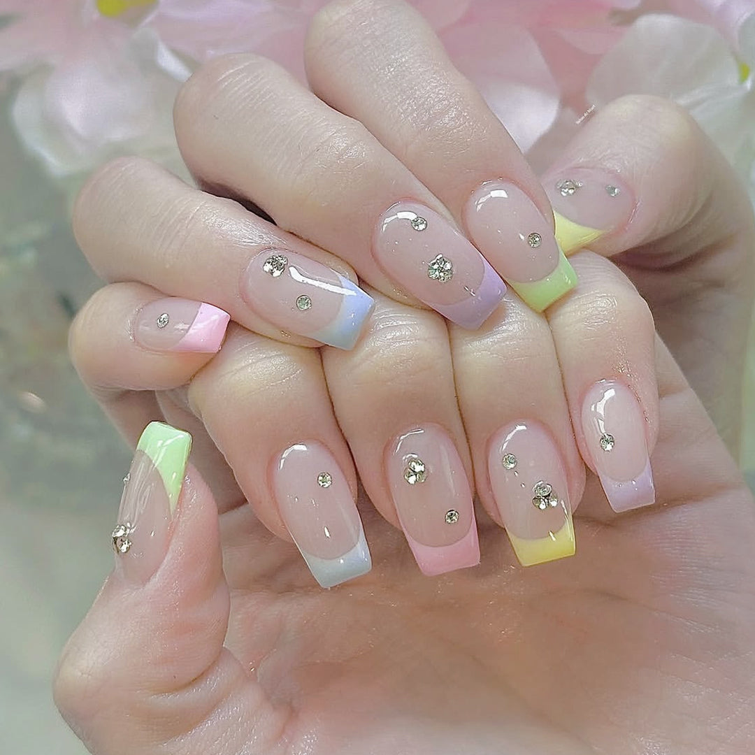 Elegant Pastel Gradient Nail Art Extensions with Rhinestone Accents Bowlift