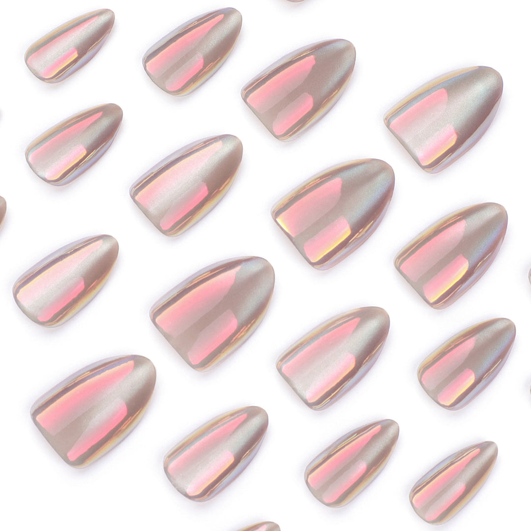 Elegant Artistic Stiletto Nails with Shimmering Gradient Bowlift