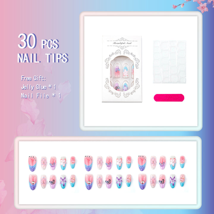 Artificial nail set with floral and butterfly decorations Bowlift