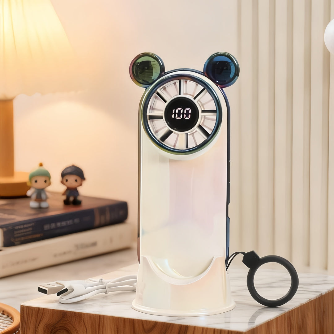 Women's Portable Mini Fan with Digital Display and Animal Ears Bowlift