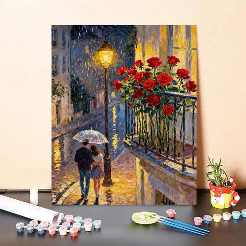 Romantic Rainy Street Scene Paint by Numbers Kit Bowlift