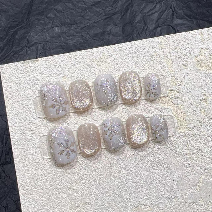 Chic Glittery Press-On Nail Set with Snowflake Design Bowlift