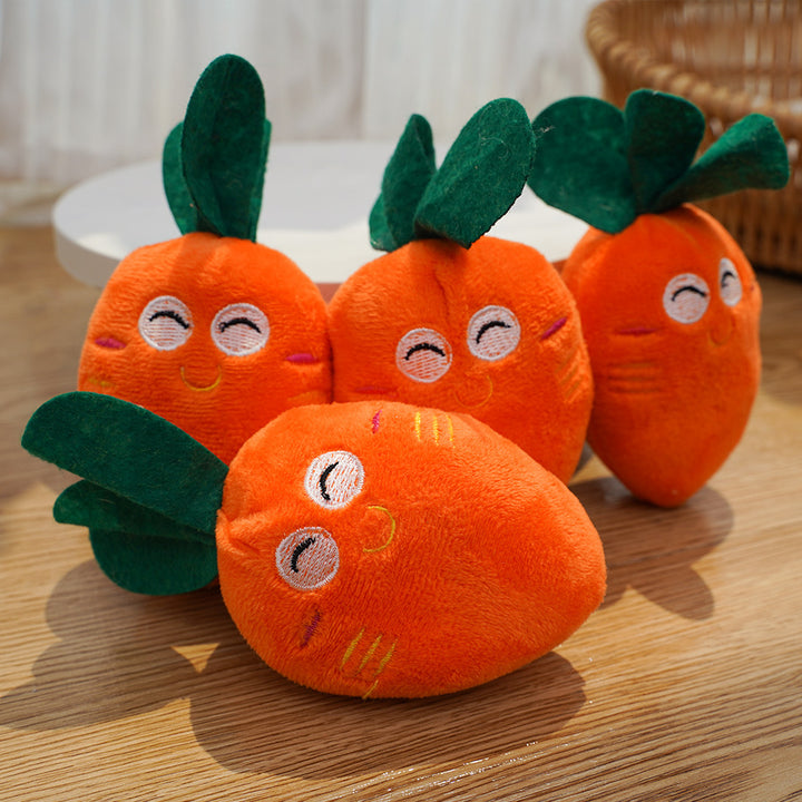 Plush carrot catnip toy for cats with embroidered smiling face and double leaf topper Bowlift