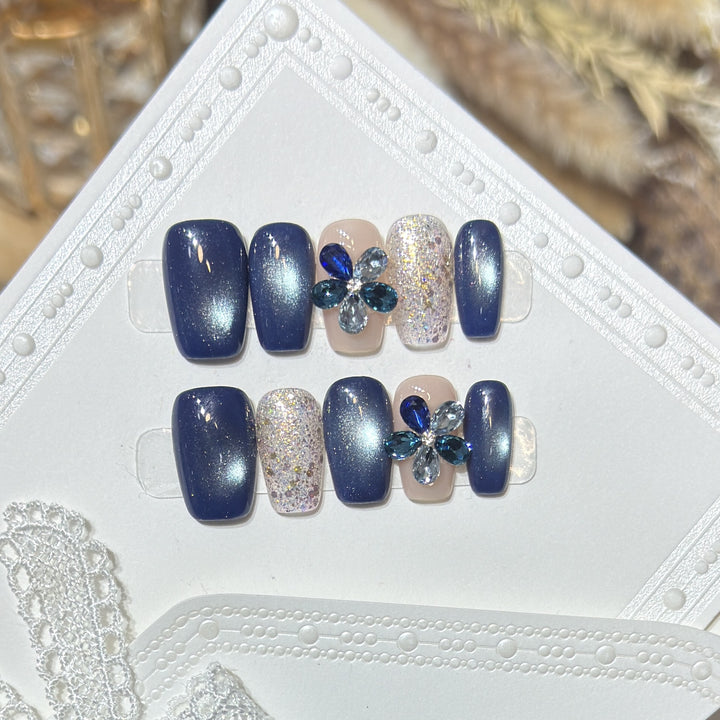 Elegant Floral Press-On Nail Set with Gemstone Accents Bowlift