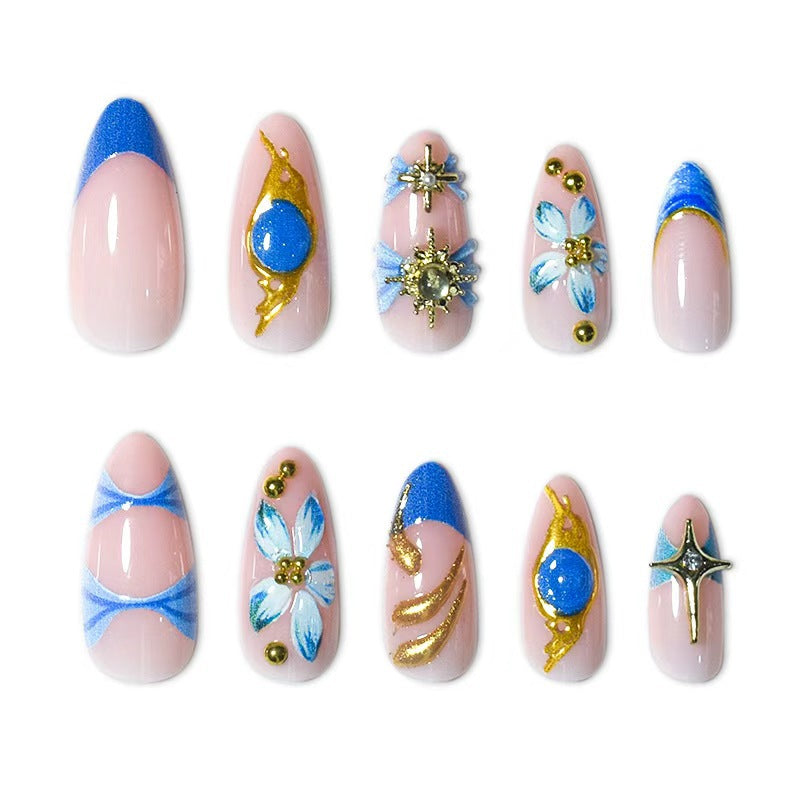 Artistic Gold and Floral Press-On Nail Set Bowlift