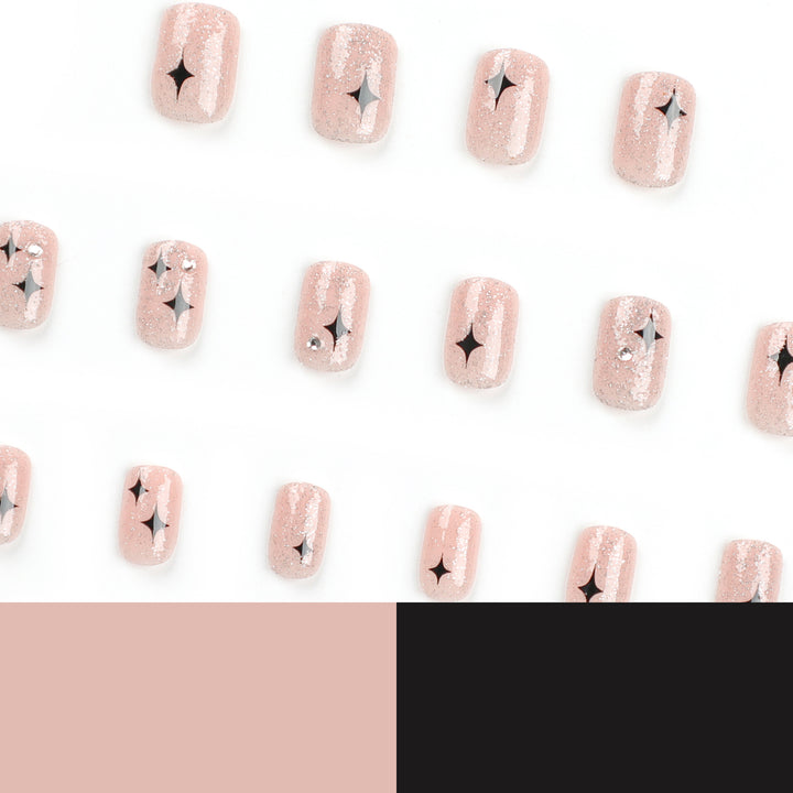 Artful Nail Extensions with Glitter and Star Pattern Bowlift