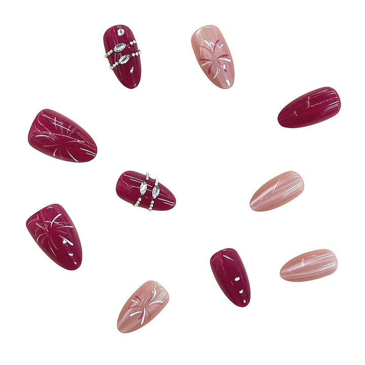 Artistic Press-On Nail Set with Floral Patterns and Gem Accents Bowlift