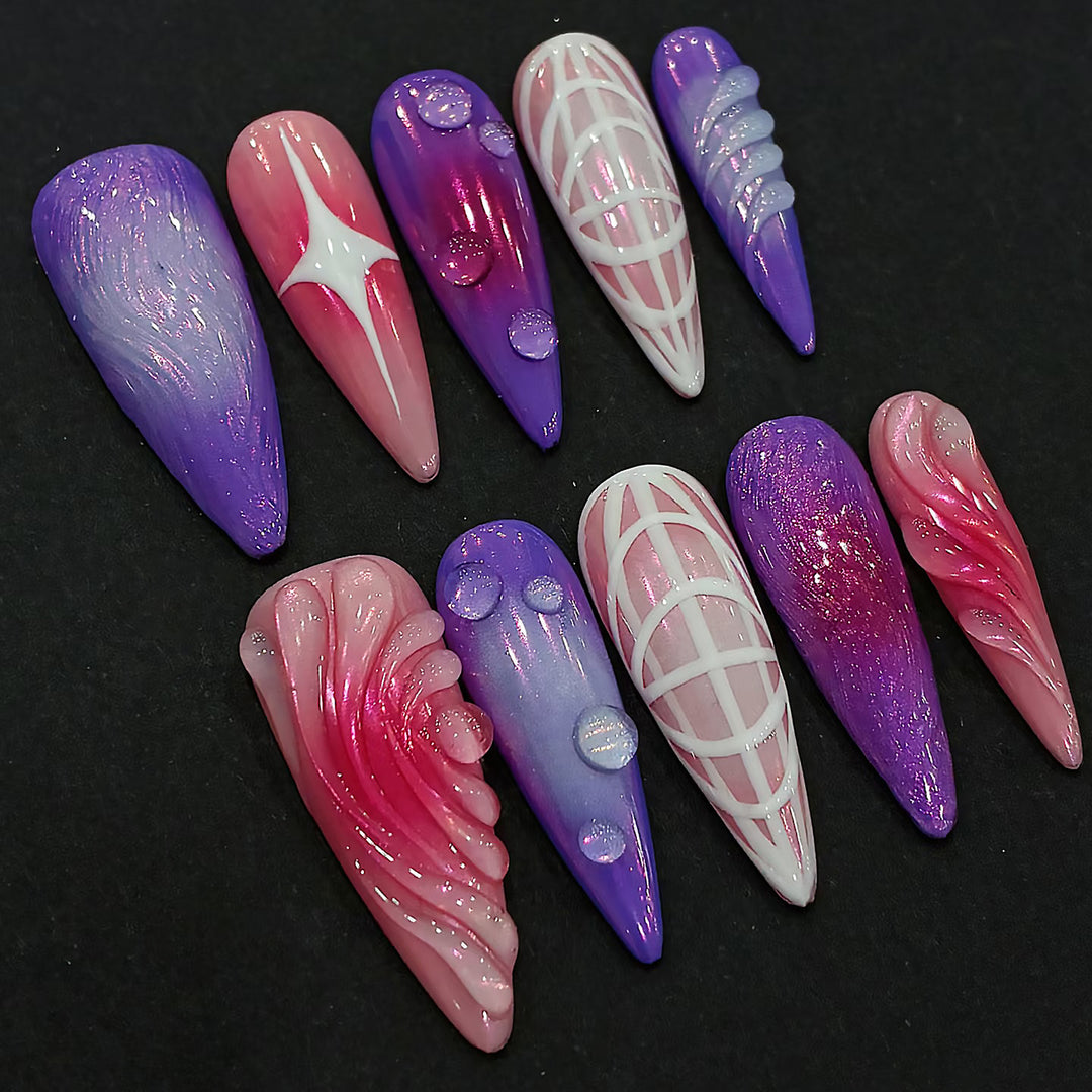 Decorative Press-On Nail Art Set with Iridescent and Abstract Designs Bowlift