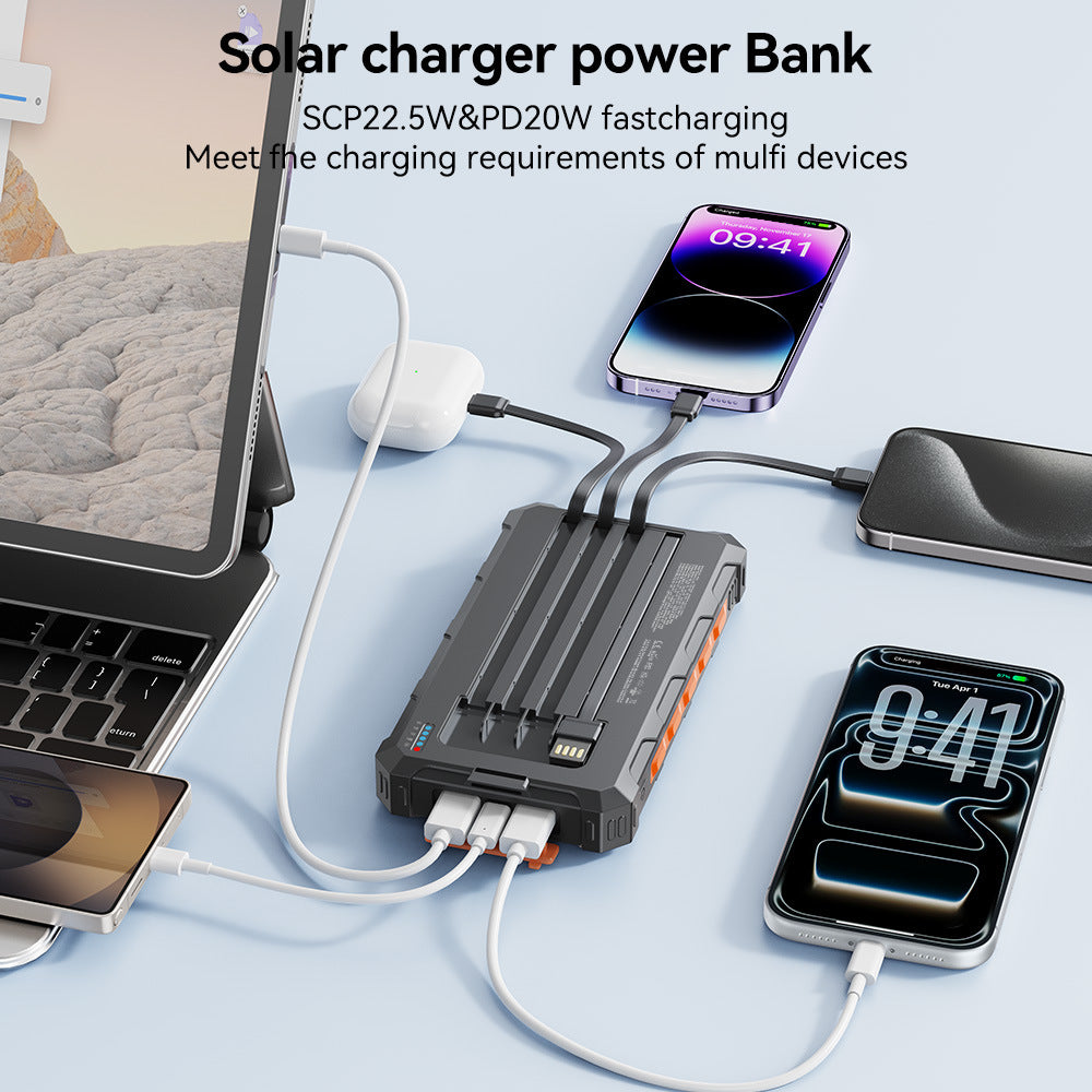 Solar Power Bank with Integrated Charging Cables and Robust Housing Bowlift