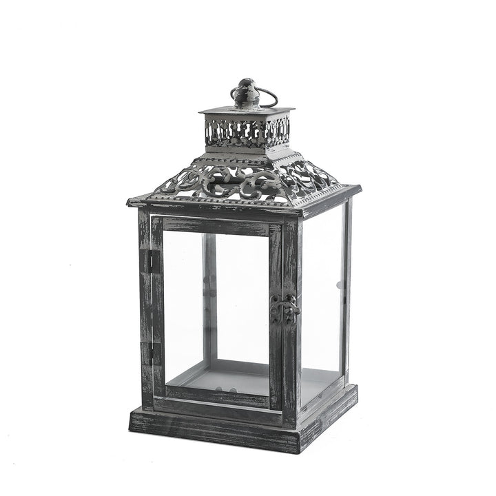 Ornate Distressed Wooden and Metal Glass-Paneled Decorative Lantern Bowlift