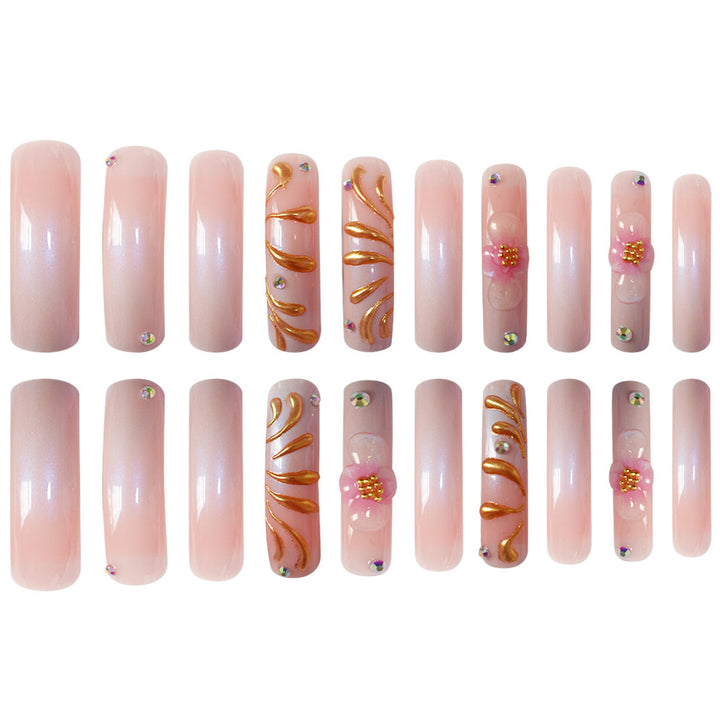 Glamorous 3D Floral Press-On Nails with Gold Accents Bowlift