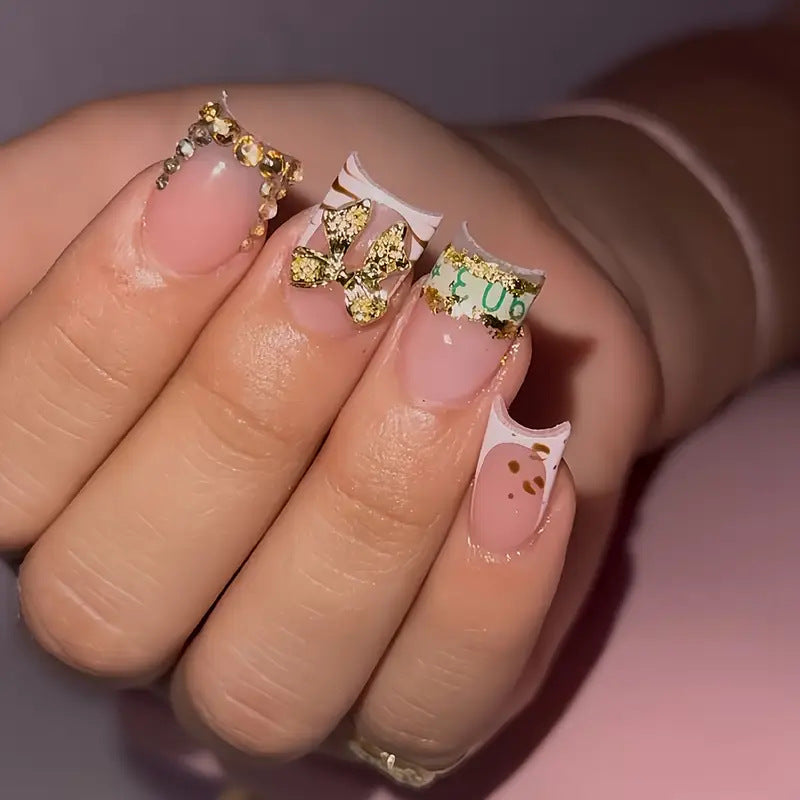 Decorative Gold-Accented Press-On Nail Art Bowlift